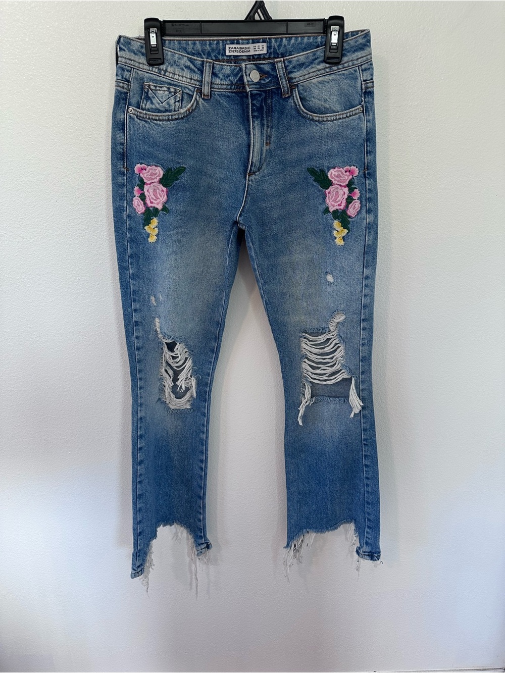 Zara Blue Skinny Jeans with Pink Floral Embroidery